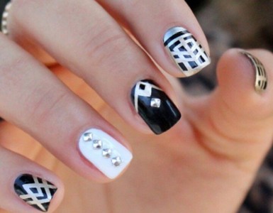 black and white nail design idea with studs