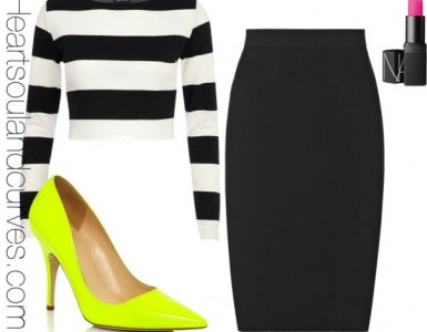 striped crop top black pencil skirt and neon heels