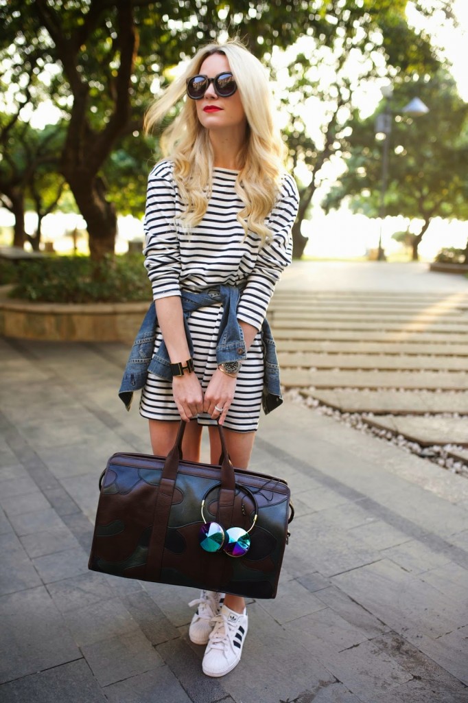 striped dress and sneakers
